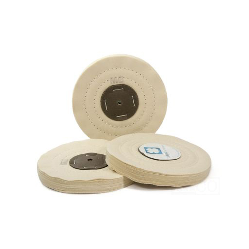 luxor® merard mb fabrics Group display of LUXOR by MÉRARD MB cotton buffing wheels showing stapled cardboard centers, concentric stitching, and stacked plies.