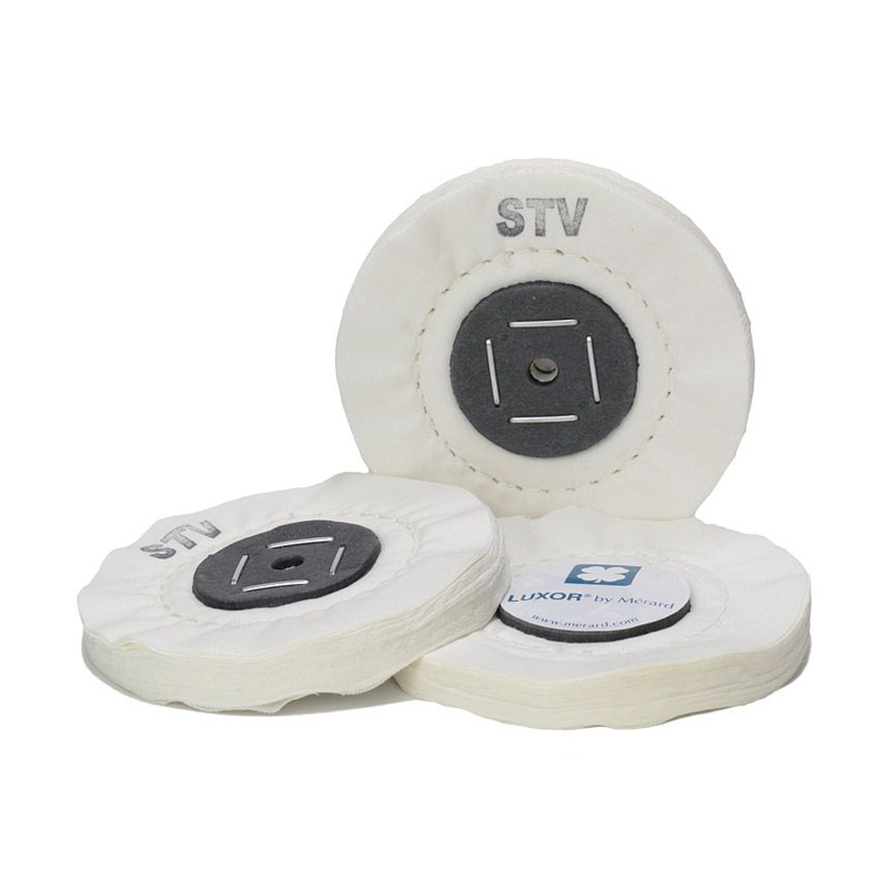 luxor® merard stv fabrics Set of compact 100mm LUXOR by MÉRARD STV cotton buffing discs showing the stapled cardboard center, single concentric stitch, and 54-ply fabric face.