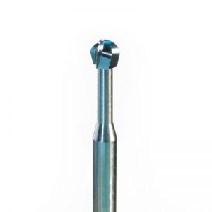 Macro view of the NIQUA SUPER Q 123 round ball carbide bur fluted head on a 2.35mm shank.