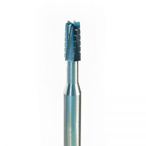Macro view of the NIQUA SUPER Q 138 cross-cut conical carbide bur head on a 2.35mm shank.