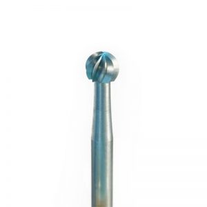 Macro close-up of the NIQUA SUPER Q 23 spherical fluted ball bur head on a 2.35mm steel shank.