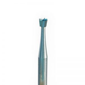 Macro view of the NIQUA SUPER Q 24 inverted cone bur fluted head on a standard 2.35mm shank.