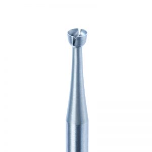 Macro view of the NIQUA SUPER Q 2C1 slotted cup bur head showing chip evacuation slot on 2.35mm shank.