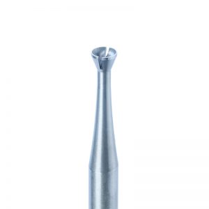Macro view of the NIQUA SUPER Q 2C2 conical cup bur head showing chip evacuation slot on 2.35mm shank.