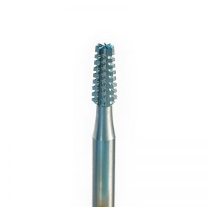 Macro view of the NIQUA SUPER Q 38 tapered flat cone squared bur head on a 2.35mm steel shank.
