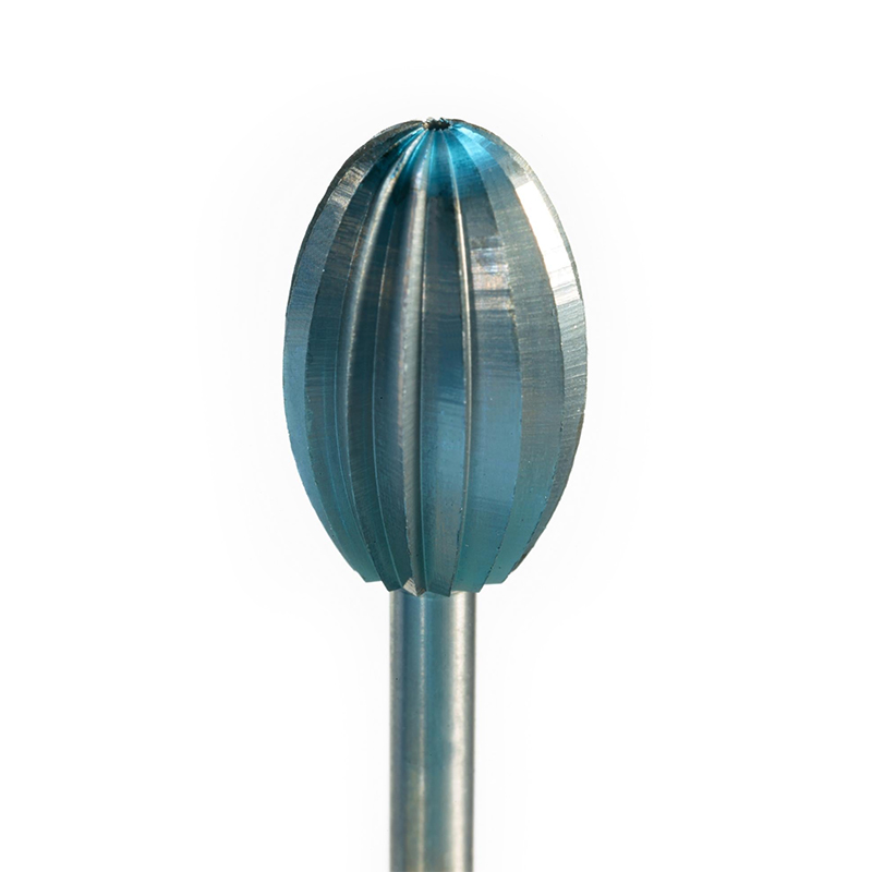 niqua® 79 tool steel burs egg Macro view of the NIQUA SUPER Q 79 egg bur fluted head mounted on a 2.35mm steel shank.