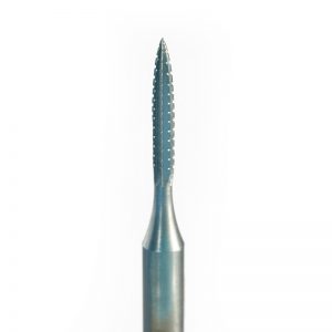 Macro view of the NIQUA SUPER Q FK Krause bur fluted head mounted on a 2.35mm steel shank.