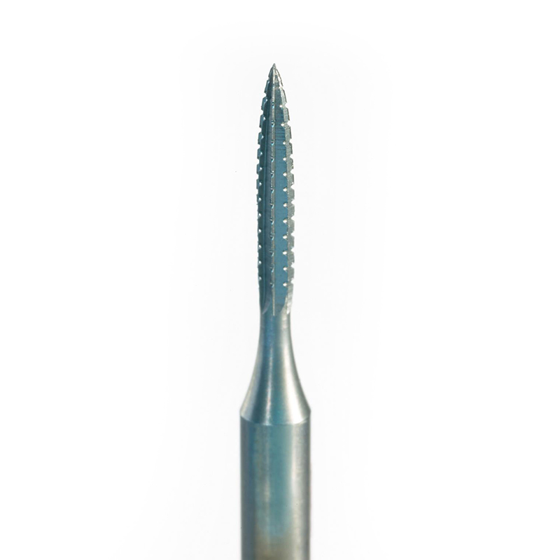 niqua® fk tool steel burs krause Macro view of the NIQUA SUPER Q FK Krause bur fluted head mounted on a 2.35mm steel shank.