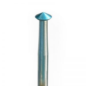 Macro view of the NIQUA SUPER Q HB 70 degree double cone bearing cutter bur head on a 2.35mm shank.