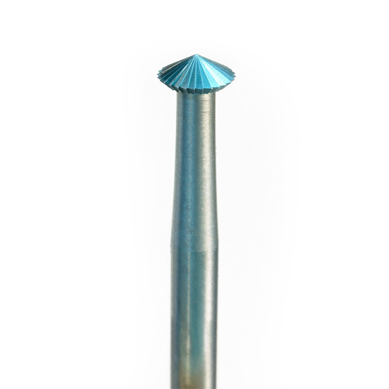 niqua® hb70° tool steel burs bearing cutter Macro view of the NIQUA SUPER Q HB 70 degree double cone bearing cutter bur head on a 2.35mm shank.