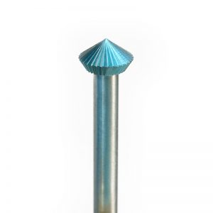 Macro view of the NIQUA SUPER Q HD 90 degree double cone bearing cutter bur head on a 2.35mm shank.