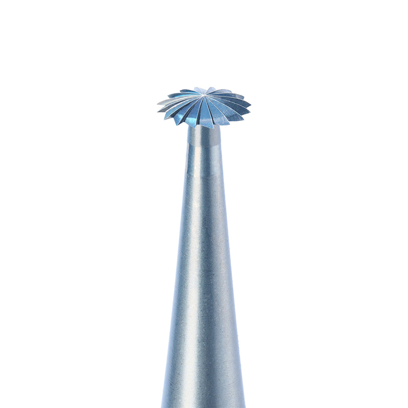 niqua® ht(f) tool steel burs lens Macro view of the NIQUA SUPER Q HT(f) flat lens bur fluted head mounted on a 2.35mm steel shank.