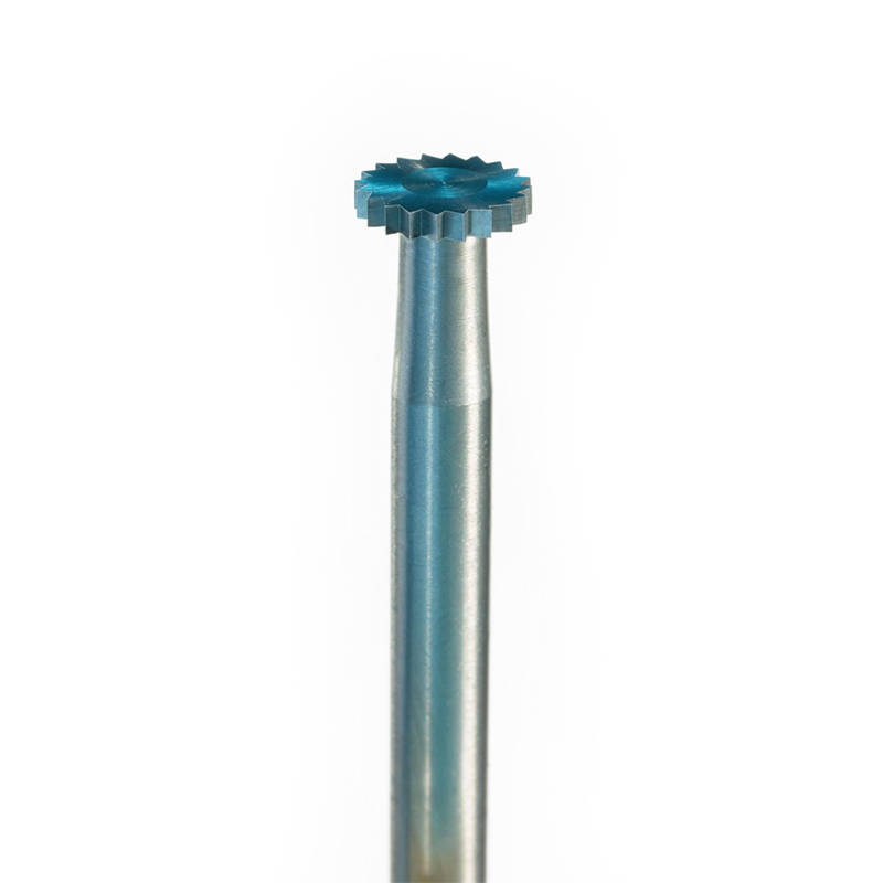 niqua® k(f) tool steel burs wheel Macro view of the NIQUA SUPER Q K(f) wheel bur fluted head mounted on a 2.35mm steel shank.