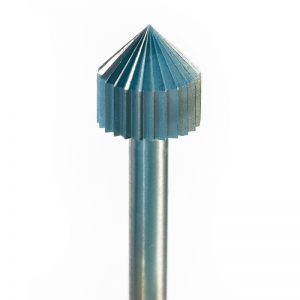 Macro view of the NIQUA SUPER Q Q(f) stone-setting bur fluted head mounted on a 2.35mm shank.