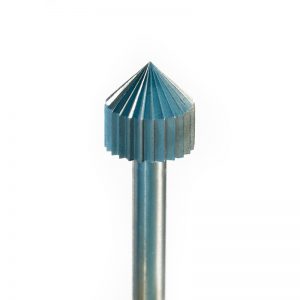 Macro view of the NIQUA SUPER Q Q(f) stone setting bur fluted head mounted on a 2.35mm shank.