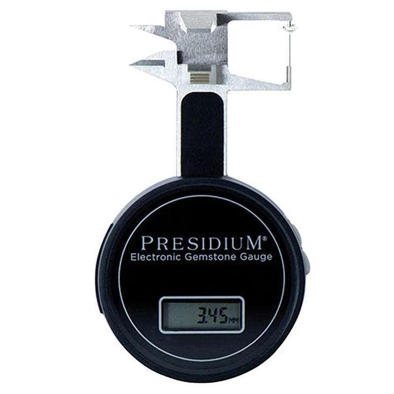 Presidium electronic gemstone gauge measuring a small mounted stone using probe attachment.