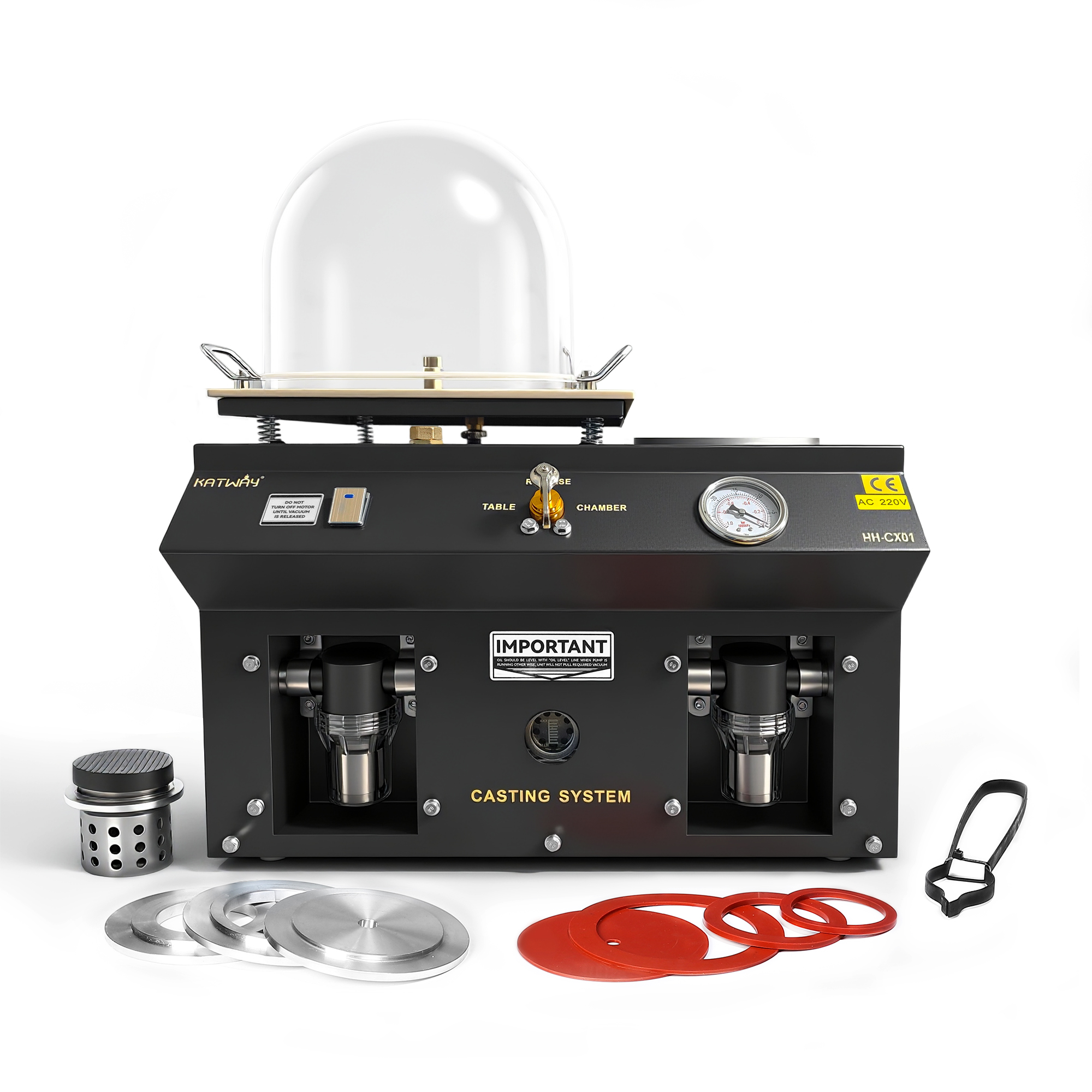 table top vacuum casting machine xl Front perspective view of the HH-CX01 vacuum casting machine displaying the acrylic bell jar, control panel, dual filters, adapter plates, and silicone rings.