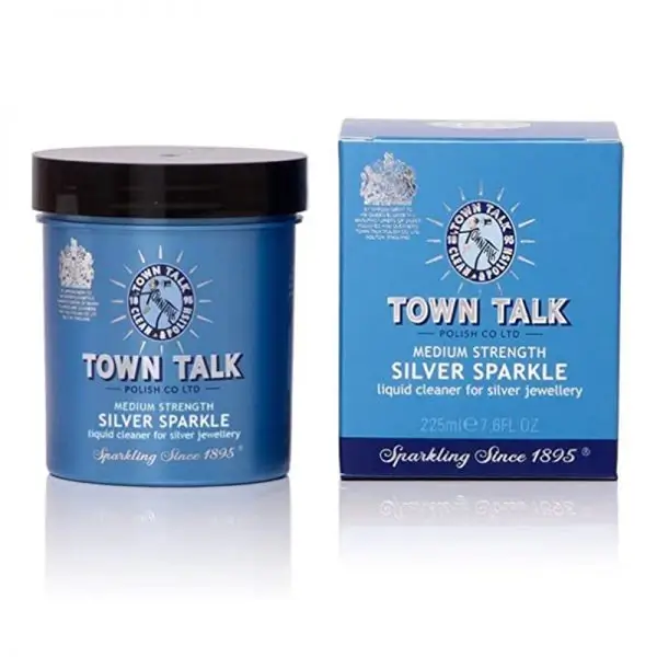 Town Talk Silver Sparkle medium strength liquid cleaner jar and packaging box.