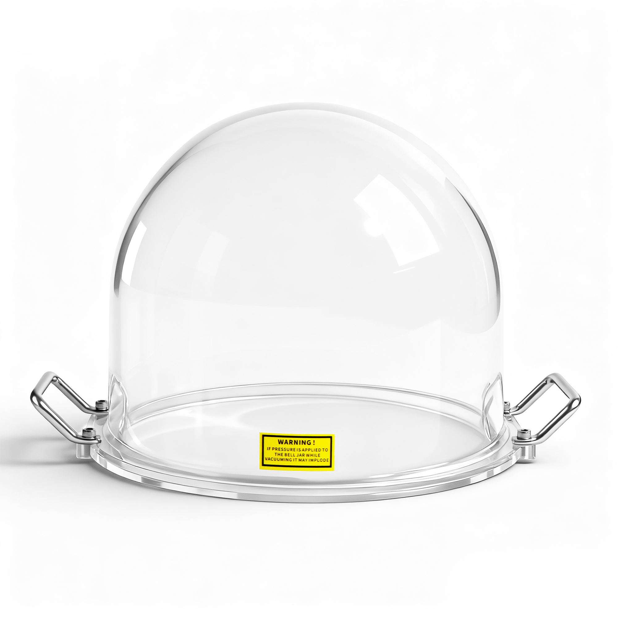 table top vacuum casting machine xl Clear heavy-duty acrylic vacuum bell jar with stainless steel side handles and warning label for investment degassing tables.