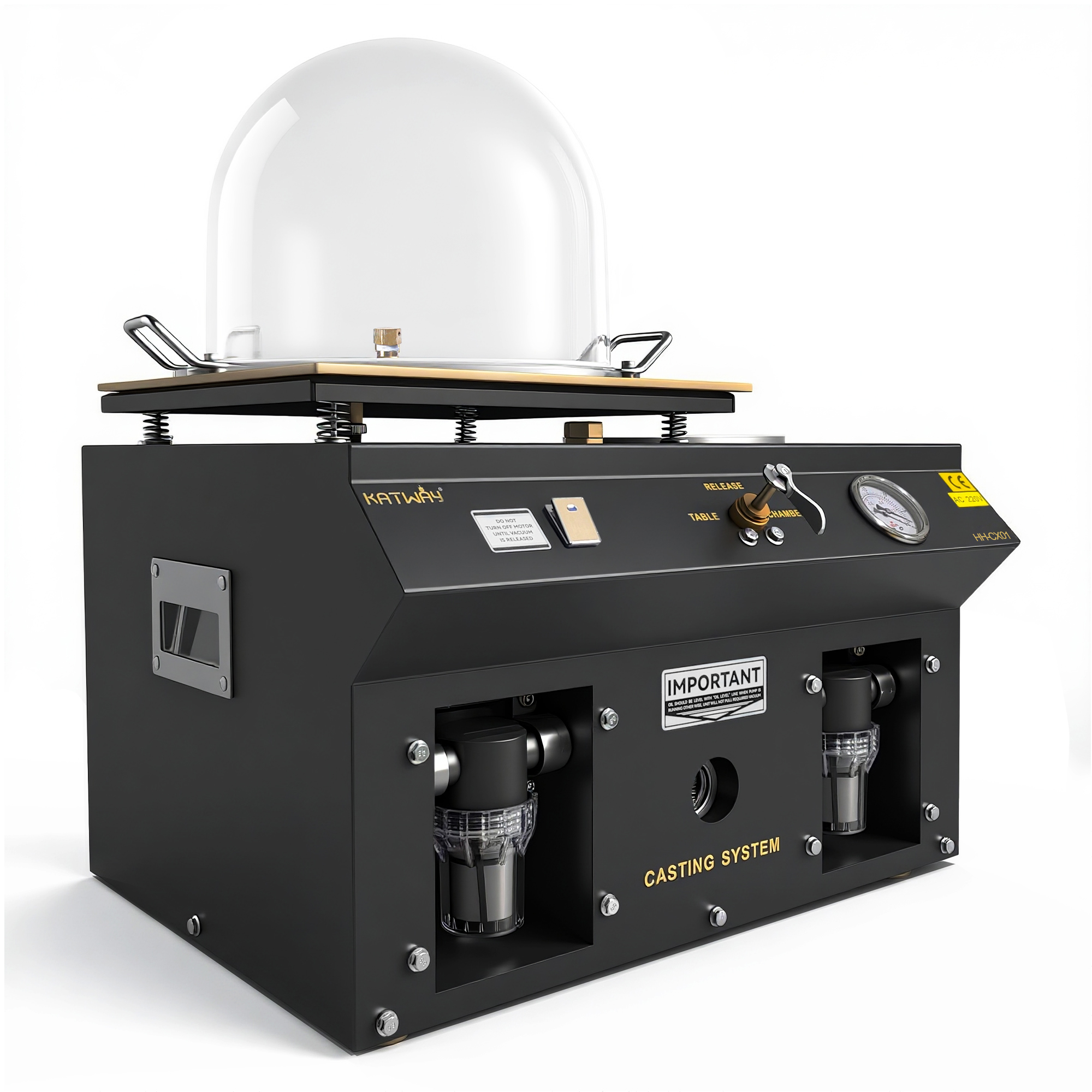 table top vacuum casting machine xl Side-angle view detailing the dual transparent intake filter traps, front directional vacuum valve, and pressure gauge.