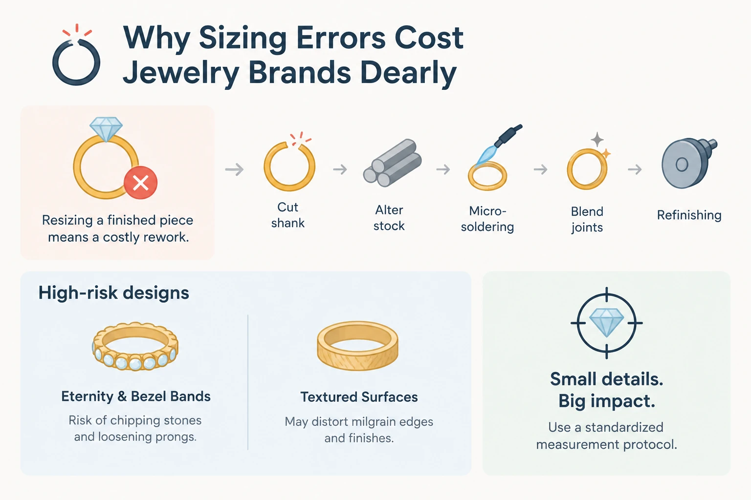 Infographic explaining rework costs and risks of ring sizing errors for jewelry brands.