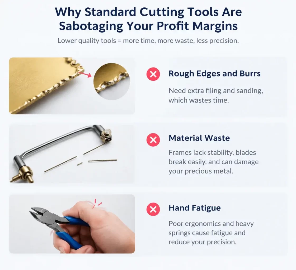 Infographic showing how poor cutting tools cause burrs, scrap waste, and hand fatigue.