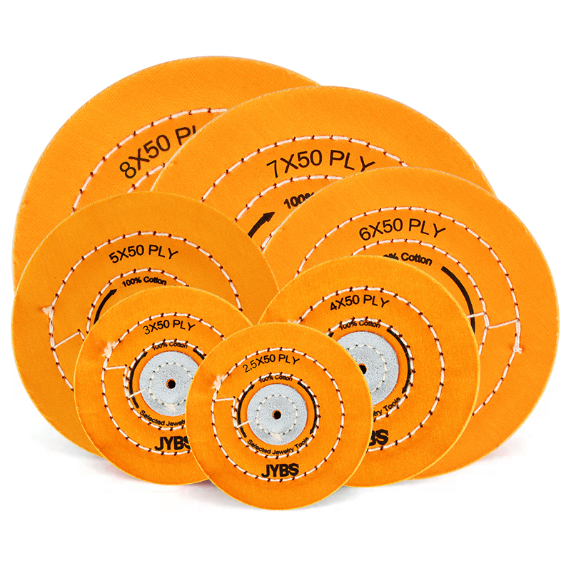 Six staggered JYBS Muslin Polishing Wheels in assorted sizes from 2.5X50 PLY to 8X50 PLY.