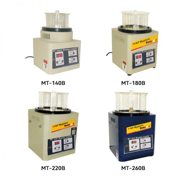 A grid of four M.N.F. Magnetic Tumbler models (MT-140B, MT-180B, MT-220B, MT-260B) showing size and color.