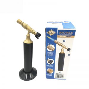 A butane torch standing next to its retail box. The box labels the product as "ORCA Maçarico Hobby MP99".
