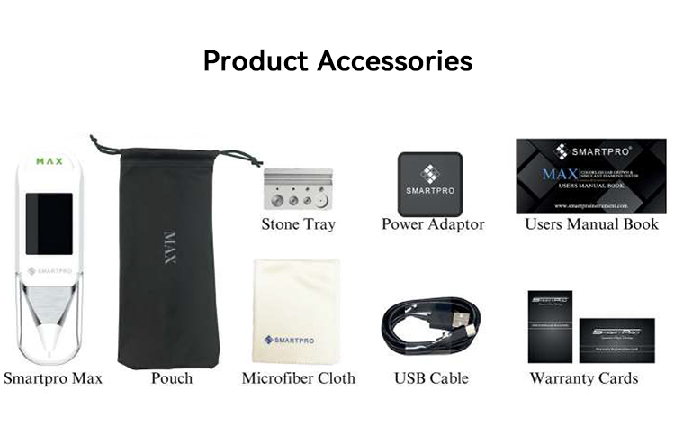 SmartPro MAX Diamond Tester Overview. Diagram labeling the capacitive touch display, probe, and battery compartment.