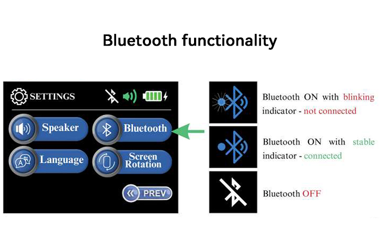 SmartPro MAX Diamond Tester Bluetooth Functionality. Settings menu for connecting the device to mobile apps. 