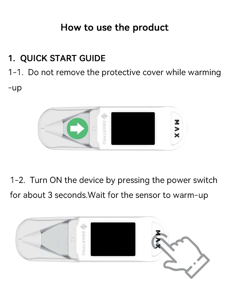 SmartPro MAX Diamond Tester Quick Start Guide. Turning on device; waiting for the sensor to warm up.