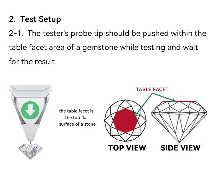 SmartPro MAX Diamond Tester Setup. Pushing probe tip within the stone's table facet area for accurate testing.