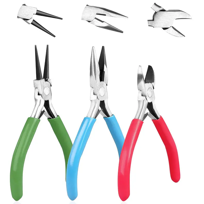 jewelry pliers green round nose blue chain nose red cutters with close up heads