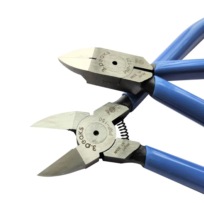 two blue 3 peaks wire cutters one open and one closed made in japan