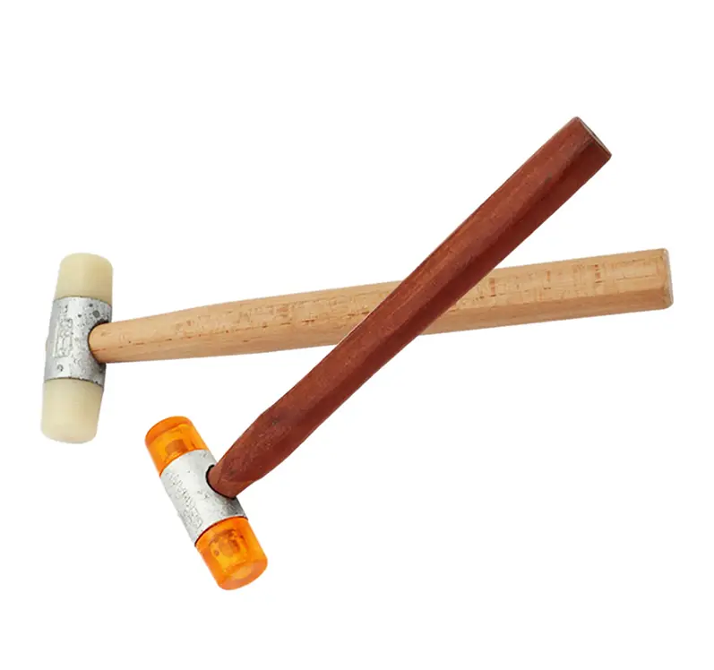 two jewelry hammers with wooden handles one with a white nylon head the other with an orange nylon head