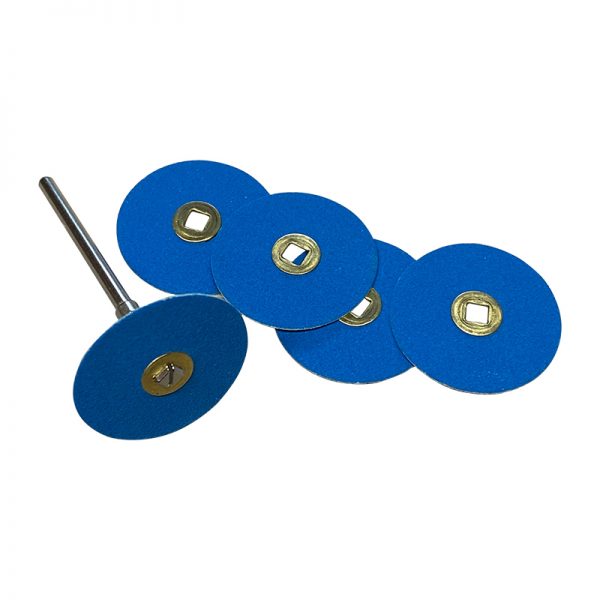22mm 120# Zirconia Sanding Discs with Brass Centers and Mandrel. Blue abrasive discs for precise sanding