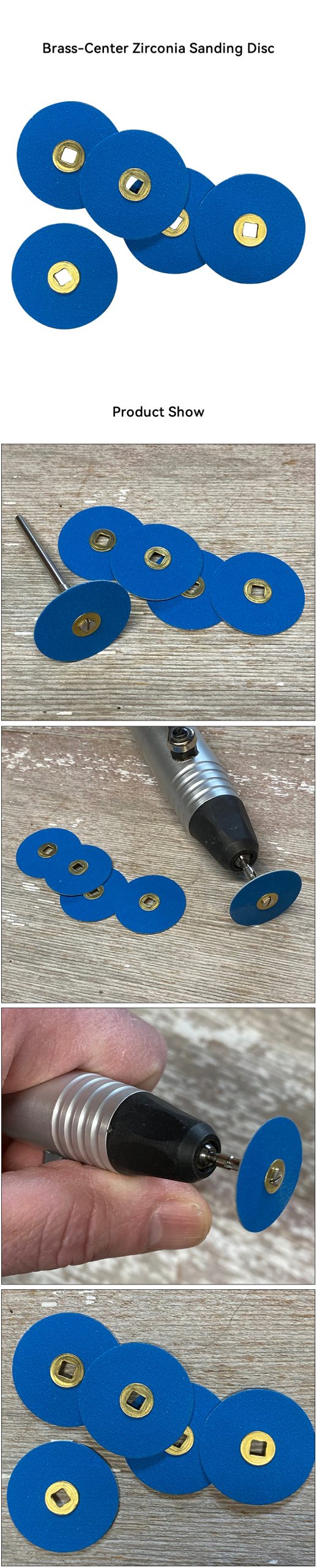 A collection of 22mm 120# Zirconia Sanding Discs with Brass Centers, shown individually and attached to a tool, highlighting their use