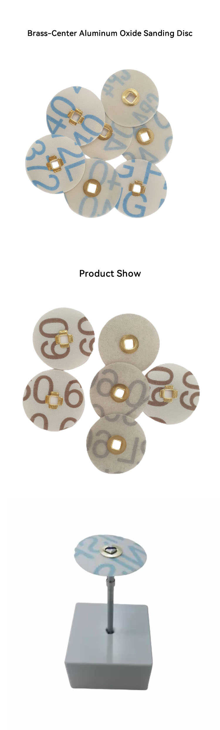 A collection of 3M Brass-Center Aluminum Oxide Sanding Discs, featuring discs with both blue and brown markings, for dental and jewelry polishing