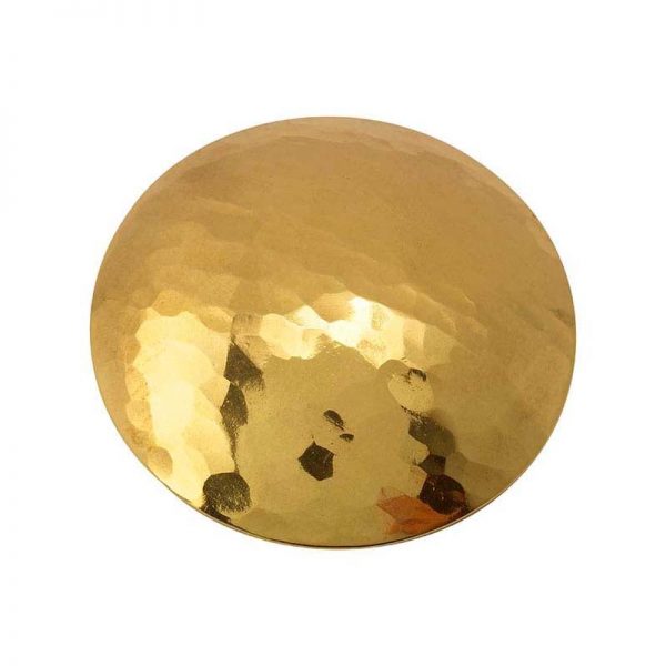 a hammered golden metal disk showcasing the texture and shaping results achievable with the fretz hmr 2 wide raising hammer