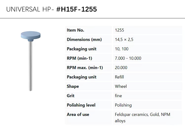 eve universal h15F-1255, blue, fine grit, flat 14.5x2mm silicone polisher for polishing feldspar ceramics, gold, npm alloys