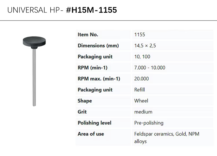 eve® universal h15m-1155, black, medium grit, flat 14.5x2mm silicone polisher for pre-polishing feldspar ceramics, gold, npm alloys