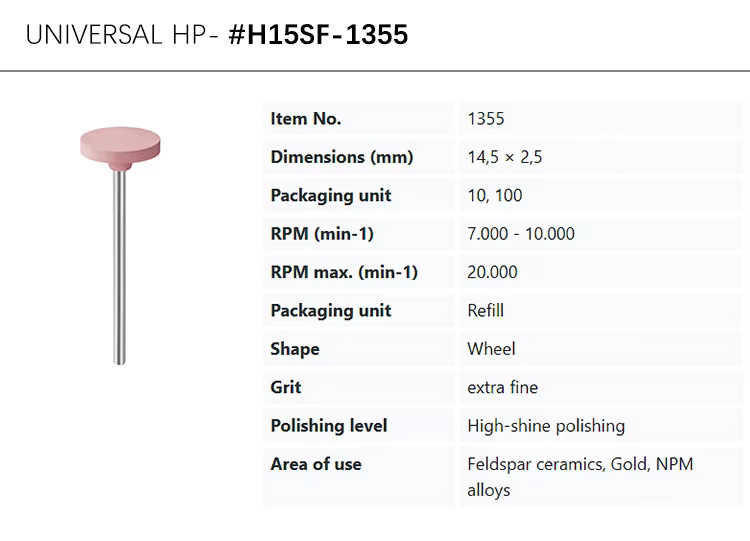 eve® universal h15SF-1355, pink, extra fine grit, flat 14.5x2mm silicone polisher for high-shine polishing