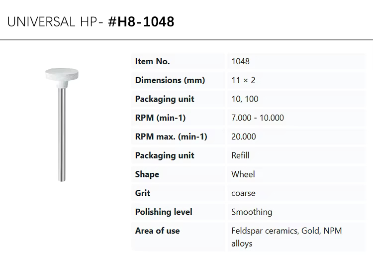 EVE UNIVERSAL HP #H8-1048 white coarse grit wheel for smoothing feldspar ceramics, gold, NPM alloys