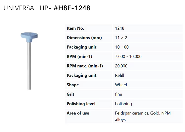 EVE UNIVERSAL HP #H8F-1248 blue fine grit wheel for polishing feldspar ceramics, gold, NPM alloys