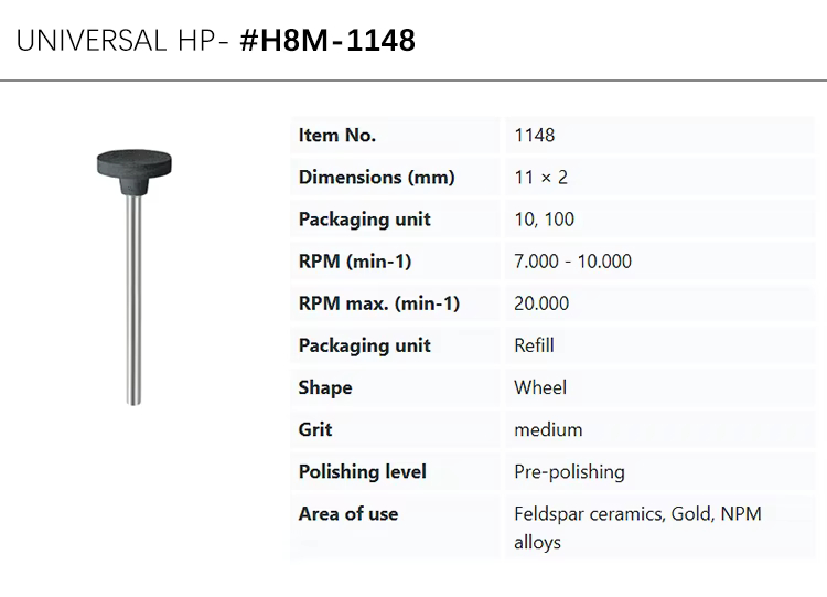 EVE UNIVERSAL HP #H8M-1148 black medium grit wheel for pre-polishing feldspar ceramics, gold, NPM alloys