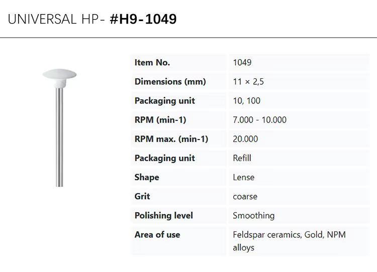 EVE UNIVERSAL HP-H9-1049 coarse grit, white, dish shape silicon for smoothing feldspar ceramics, gold, NPM alloys