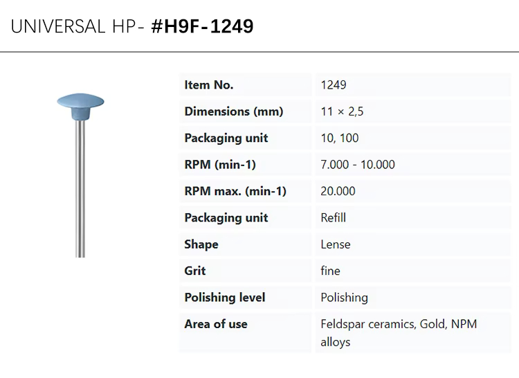 EVE UNIVERSAL HP-H9F-1249 fine grit, blue, dish shape silicon polisher for feldspar ceramics, gold, NPM alloys, polishing