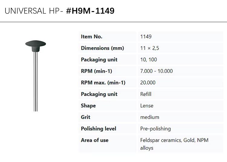EVE UNIVERSAL HP-H9M-1149 medium grit, black, dish shape silicon for pre-polishing feldspar ceramics, gold, NPM alloys