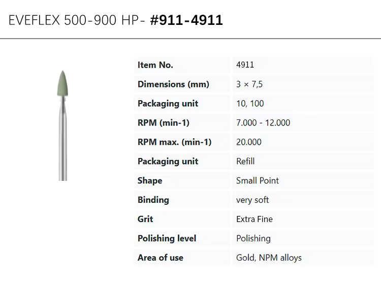 EVE® EVEFLEX 3.3x7.5mm extra fine silicone polishing bur, #911-4911, light green. For polishing gold/NPM